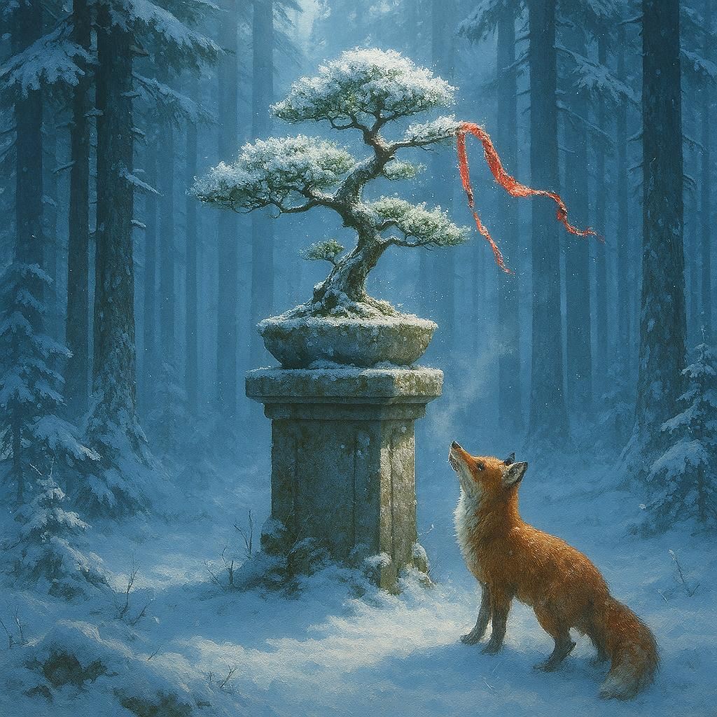 In a still, snow-laden pine forest with bright, crisp daylight illuminating the scene, a delicate bonsai crowns a weathered stone pedestal dusted with frost. A red silk ribbon, frayed and sparkling with ice crystals, flutters from one branch. At its base, a small russet fox pauses, nose lifted, as pale mist drifts through tall trunks in the cool blue light. Fantasy Art.