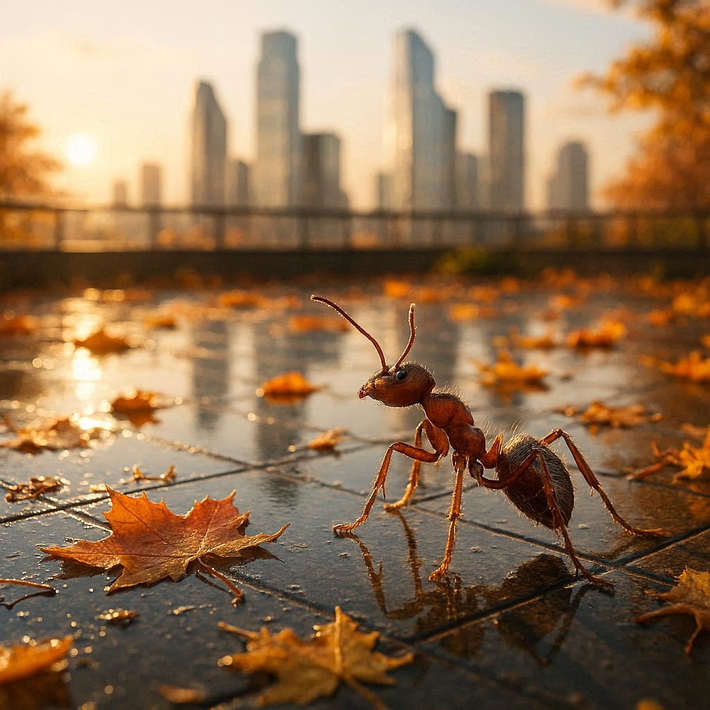 On a bright sunlit rooftop garden covered with scattered golden and crimson autumn leaves and shimmering mirror-like pools, a detailed macro ant stands with antennae raised toward distant glass-and-steel towers. Warm late afternoon light enhances reflections on wet tiles, casting a long crisp shadow toward a softly blurred skyline. Photorealistic.