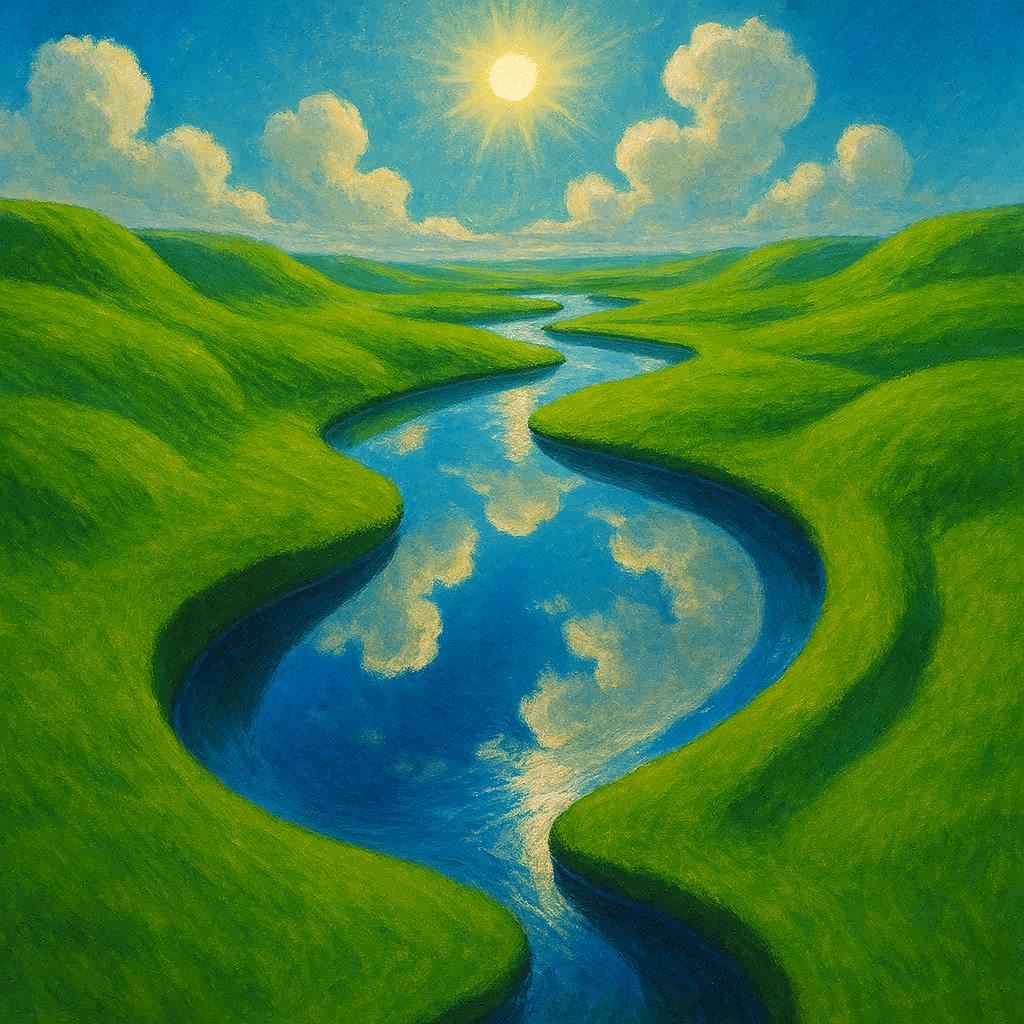 Surreal landscape: vibrant green grass forms winding land masses around a river reflecting a vivid blue sky with fluffy clouds, creating a portal-like illusion. Diagonal, wobbly river, strong sunlit highlights. Clean, polished aesthetic, digital painting style, dreamlike, Kodak 200 Gold.