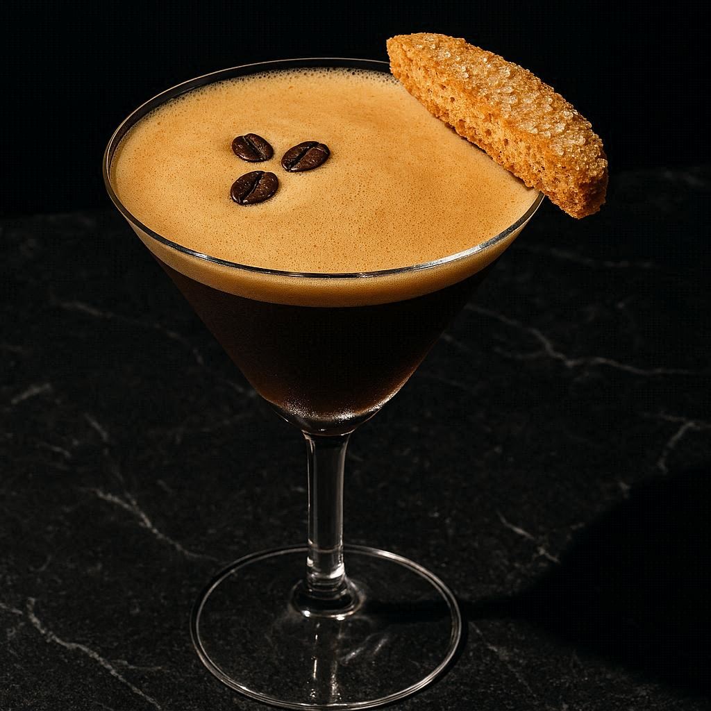 Hyperrealistic editorial photo: freshly made espresso martini in a clean-stemmed V-glass on matte black marble. Deep brown surface with crema, 3 coffee beans casting shadows, biscotti on rim with sugar crystals. Harsh direct flash, rich contrast, warm tones, textured realism, velvety black bokeh, moody and high-end.