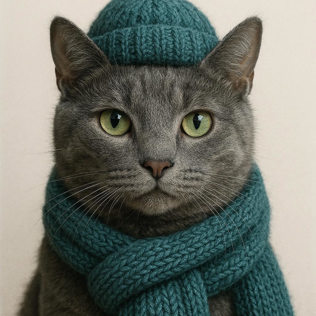 Highly realistic portrait of a grey cat with green eyes wearing a wool scarf and hat in teal color, light background.