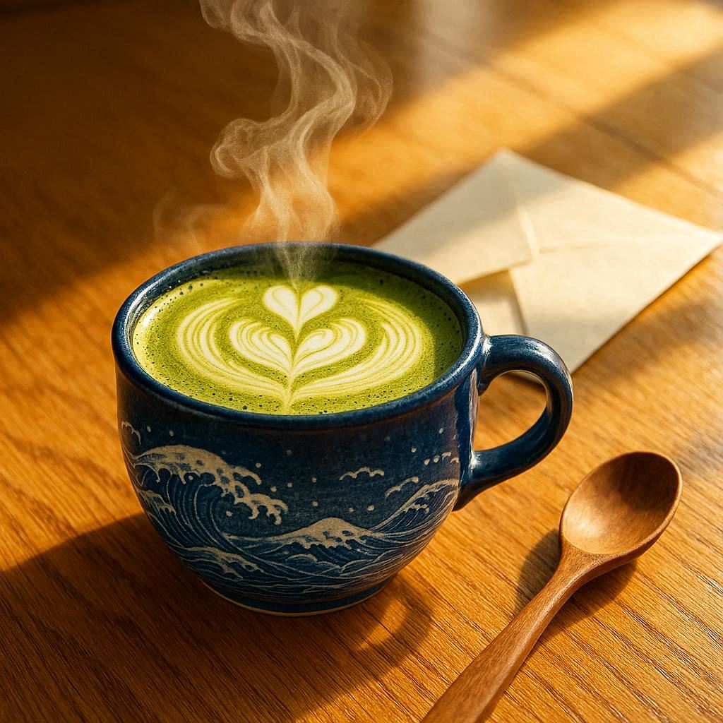 Steam curls gracefully from a cobalt-glazed matcha cup, the frothy green surface crowned with a delicate leaf and heart design. Morning sunlight streams brightly over polished oak, illuminating intricate hand-painted ocean waves. A wooden spoon rests nearby, and a folded letter’s edge lifts gently in the warm breeze, evoking a sense of calm and anticipation, photorealistic.